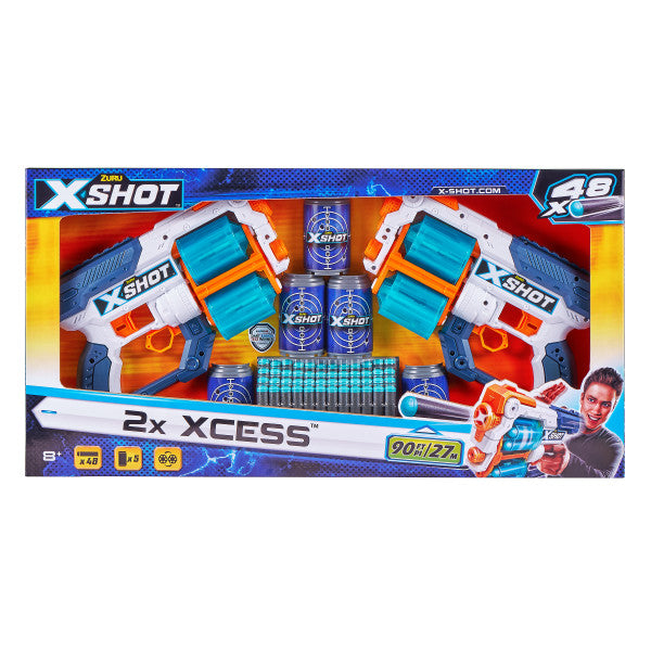 ZURU X Shot: Excel - Paquete 2 Pistolas de Dardos Xcess con 48 Dardos y 5 Latas de Plastico